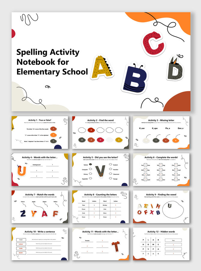 Spelling Activity Notebook For Elementary School with letter games, word puzzles, and sentence-building tasks.