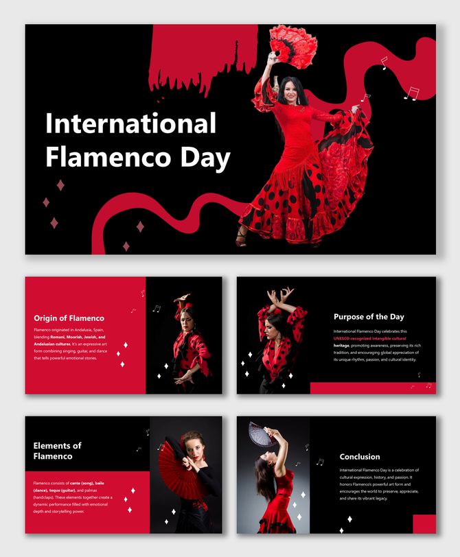 International Flamenco Day slides with red-black theme, dancers, fans, music icons, and content on history and celebration.