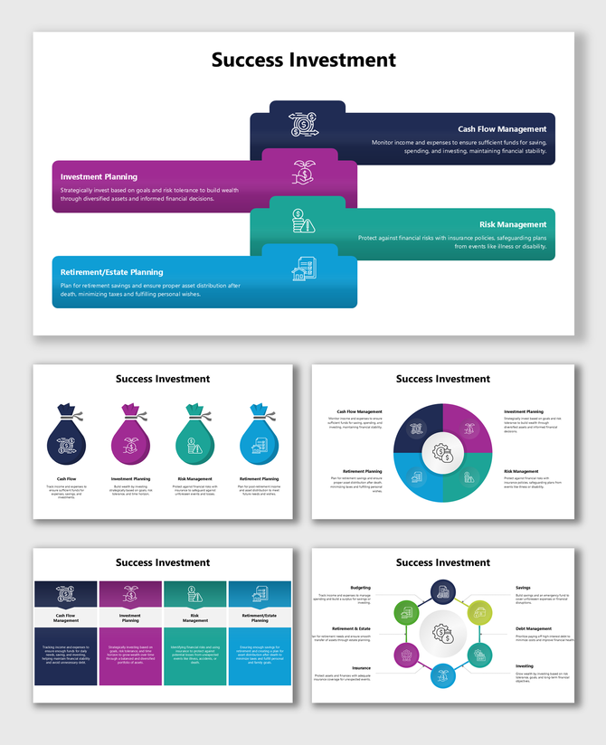 Success Investment slides with icons, color blocks, and layouts for planning, savings, risk, retirement, and budgeting.