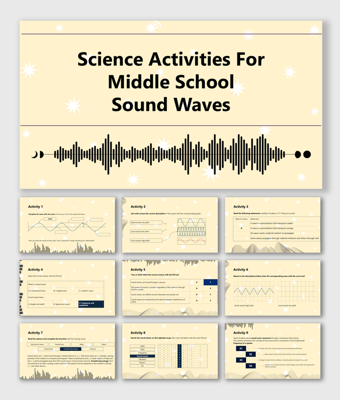 Science Activities For Middle School Sound Waves with wave visuals, pitch diagrams, and sound-related icons in blue.
