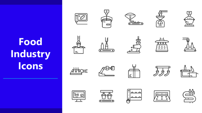 Food Industry Icons in line style showing food processing, bottling, packaging, weighing, and automation tools.