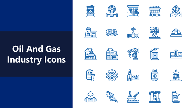 Oil And Gas Industry Icons in blue outline showing rigs, refineries, fuel pumps, pipelines, tanks, and safety gear.