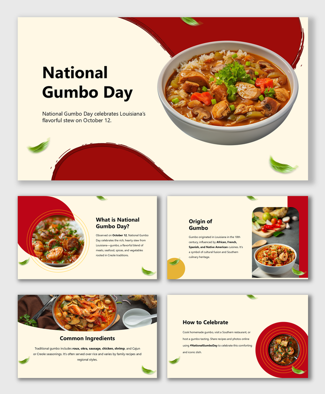 National Gumbo Day slides with gumbo bowls, red swirls, leafy accents, Creole history, ingredients, and celebration tips.