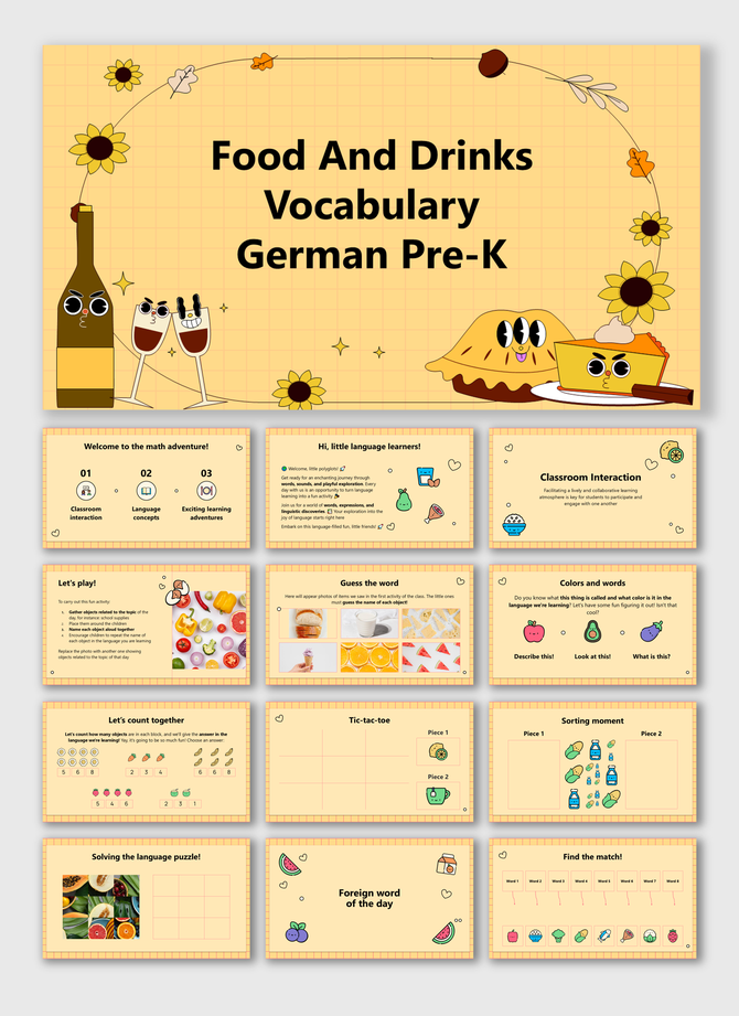 Food And Drinks Vocabulary German Pre K slides with cute food icons, yellow background, and fun learning tasks.