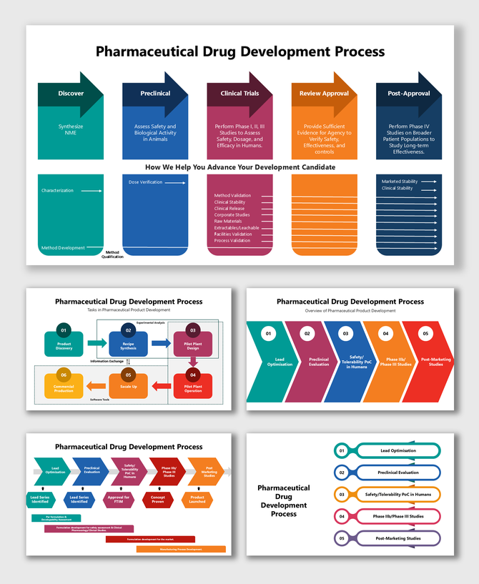 Pharmaceutical Drug Development Process with colorful stages showing discovery, trials, approval, and post-approval.