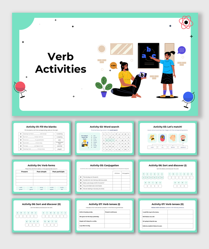 Verb Activities slide with kids, charts, fill-in blanks, word search, tenses, and colorful grammar learning worksheets.