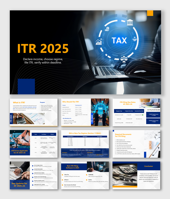 ITR 2025 guide with tax forms, due dates, regimes, filing steps, and software tips in blue-gold themed slide visuals.