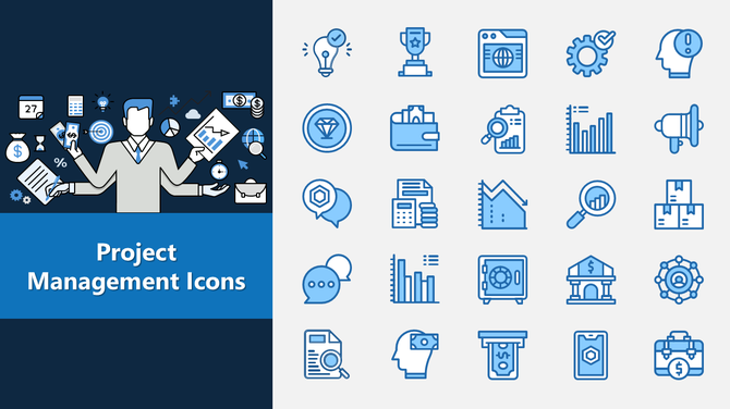 Project Management Icons set featuring charts, graphs, money, documents, gears, tasks, and planning tools.