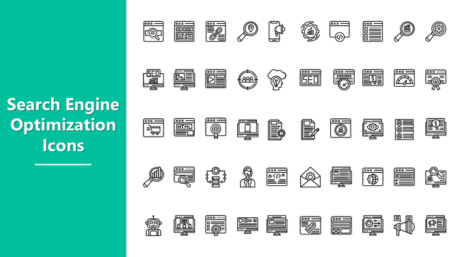 SEO Icons pack with search, ranking, analytics, link, code, and traffic line icons for website optimization.