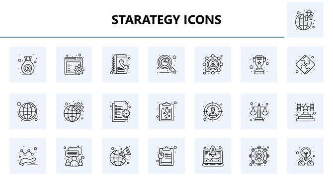 Strategy Icons set with money, target, puzzle, checklist, rocket, trophy, gears, global growth in line art.