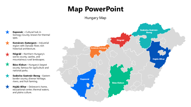Map Presentation PowerPoint showing Hungary’s regions with labels, color codes, and location summaries.