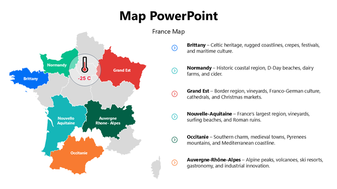 France Map Presentation PowerPoint with bold color regions, icons, and short text highlights for each area shown.