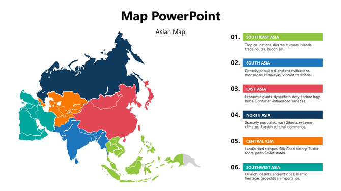 Map Presentation PowerPoint with colorful Asia map, six labeled regions, and brief facts in clean infographic.