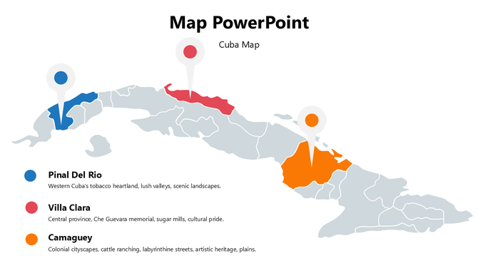 Cuba Map Presentation PowerPoint with pins highlighting Pinal Del Rio, Villa Clara, Camaguey in vivid colors.