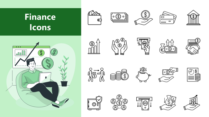 Finance Icons slide with 24 line icons of money, savings, charts, and banking on a white and green themed layout.