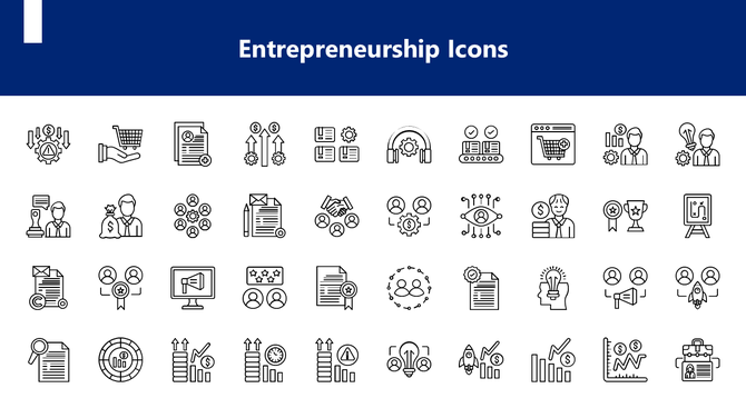 Entrepreneurship Icons slide with 40 outline icons showing business, ideas, growth, finance, and teamwork symbols.