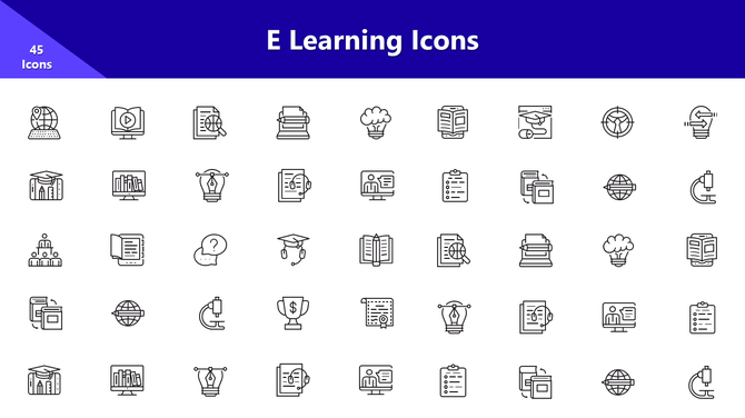 E Learning Icons slide with 45 line icons of books, courses, tools, diplomas, and ideas on a white and purple layout.