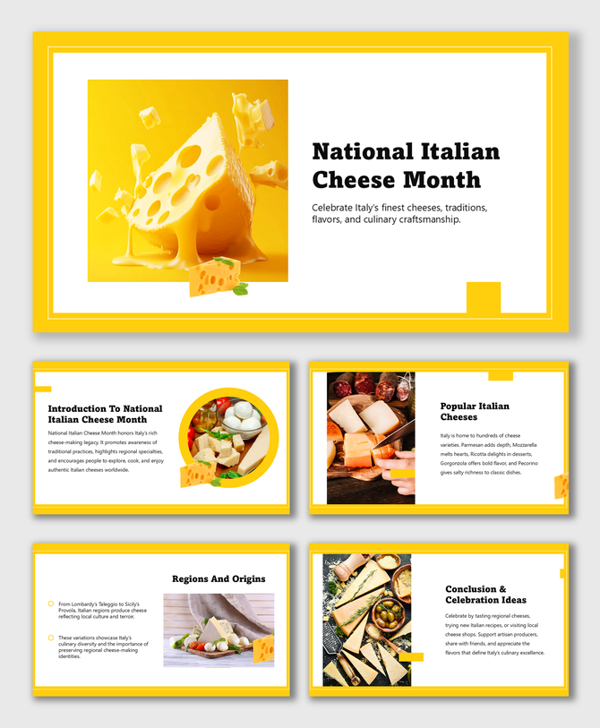 National Italian Cheese Month slides with cheese photos, yellow borders, text blocks, and food visuals.