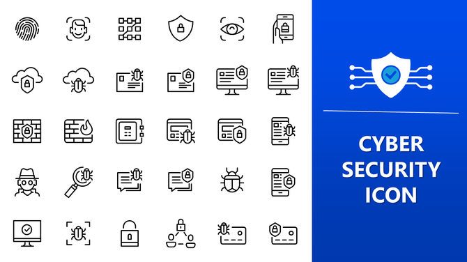 Cyber Security Icons set with shields, locks, servers, and secure login visuals on clean white background.