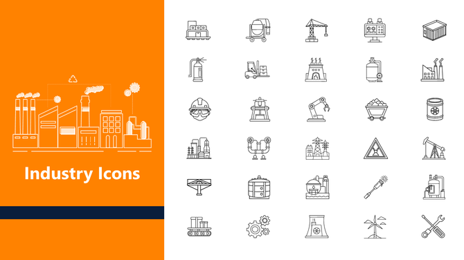 Industrial Icons with factory, tools, energy, and machinery symbols on an orange and white slide layout.