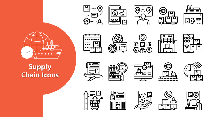 Supply Chain Icons with global shipping, warehouse, delivery, and tracking symbols on red and white layout.