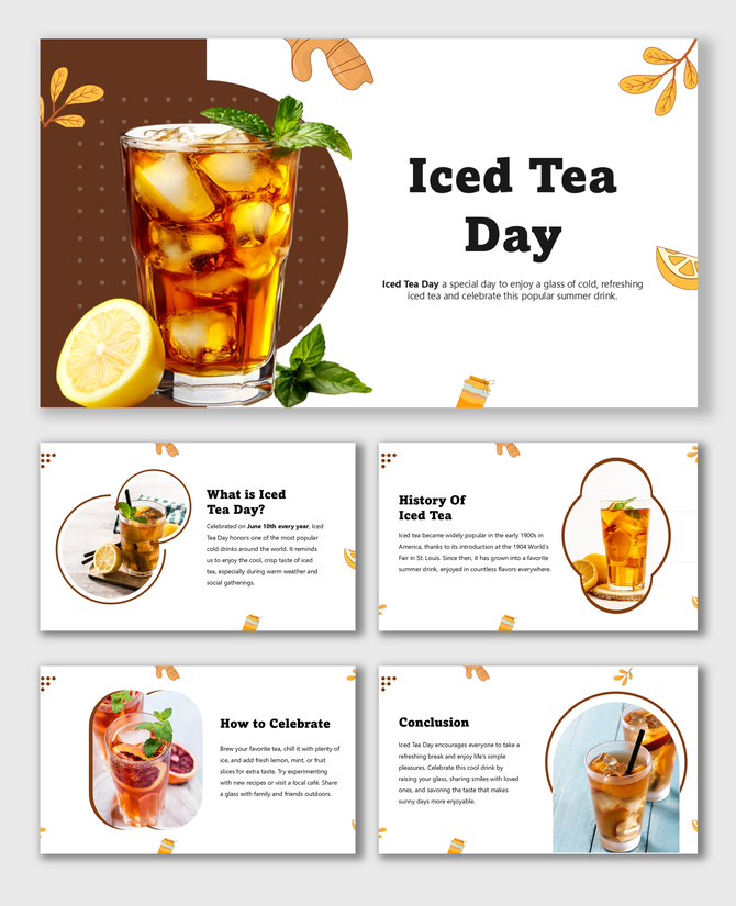 Iced Tea Day slide with lemon, mint iced tea glass, brown theme, fruit icons, and clean circular photo frames.