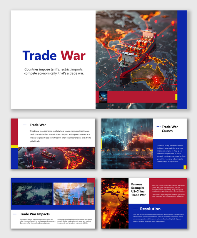Trade War slides with cargo ship, global map, red-blue text, and charts showing economic conflict visuals.
