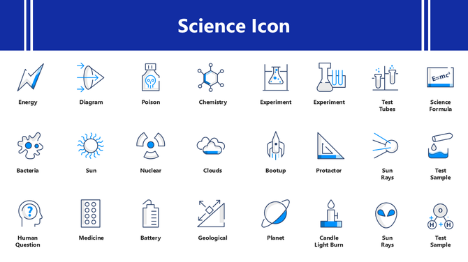 Science Icon slide with lab tools, molecules, and DNA in line style on white background with blue title bar.