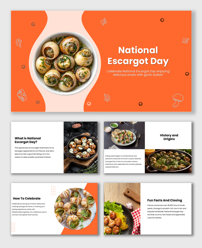 National Escargot Day template with garlic snails, orange theme, food facts, and celebration ideas.