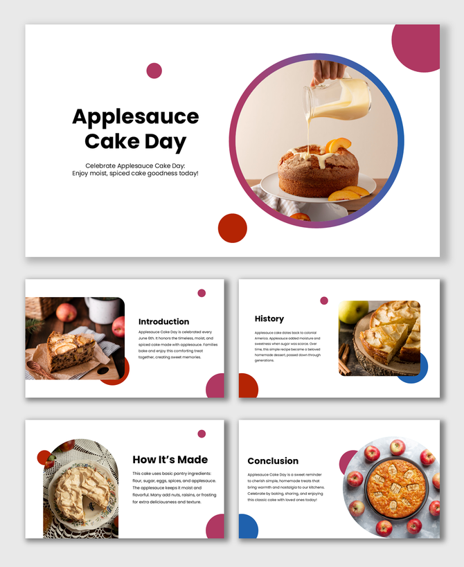 Applesauce Cake Day slides with moist cake images, apple visuals, dotted shapes, and celebration tips.