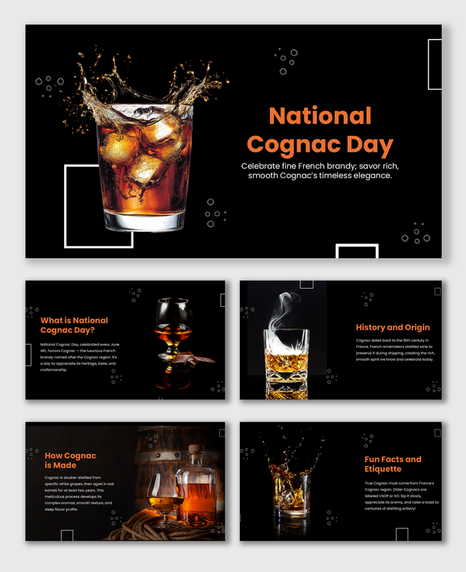 National Cognac Day slide with Cognac glass, black background, orange titles, and modern outlined shapes.          Ask ChatGP