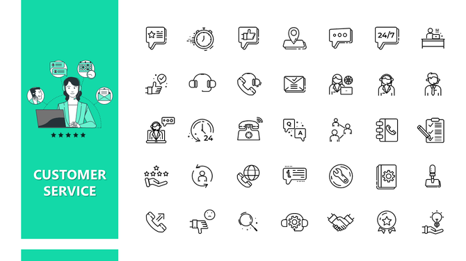 Customer Service Icons set showing support tools, agents, chat, headset, and feedback on a teal theme.          Ask ChatGPT