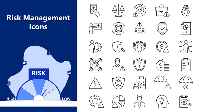 Risk Management Icons with alerts, shields, reports, and a blue risk meter showing low to high levels.