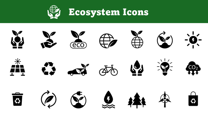 Ecosystem Icons featuring eco cars, plants, recycle bins, solar panels, and green energy in bold black style.