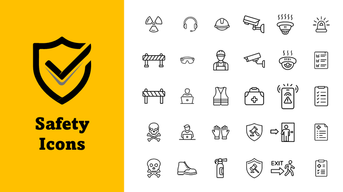Safety Icons set includes PPE, fire, hazard, barrier, alert, and checklist symbols on yellow-white layout.
