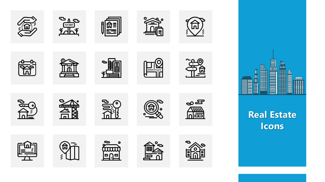 Real Estate Icons set with house, map, contract, key, rent, and city symbols on gray tiles and blue panel.