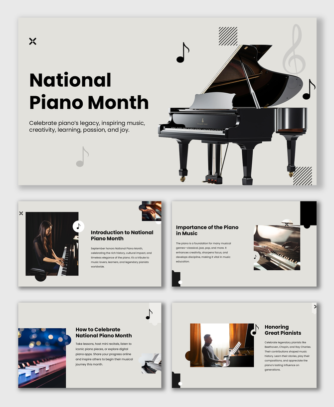 National Piano Month slides with grand piano, music notes, pianist images, and soft grayscale theme.