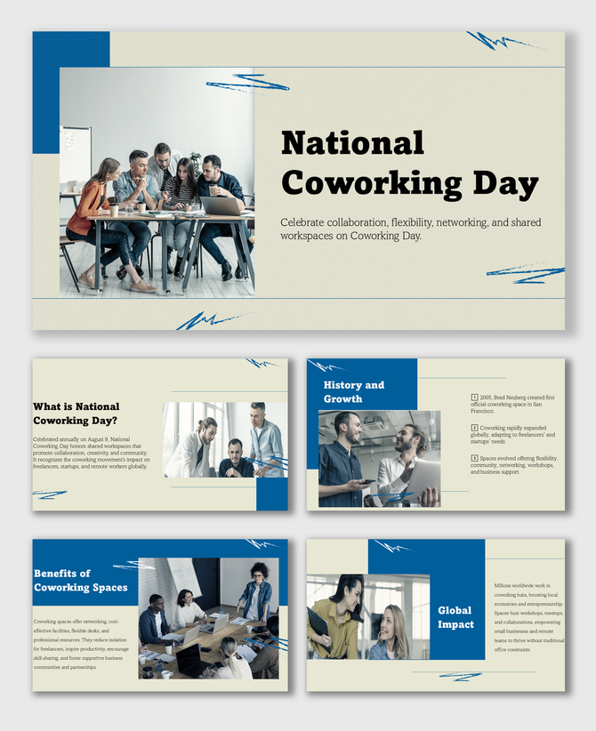 National Coworking Day slides with team images, blue-beige layout, and coworking benefits and history.