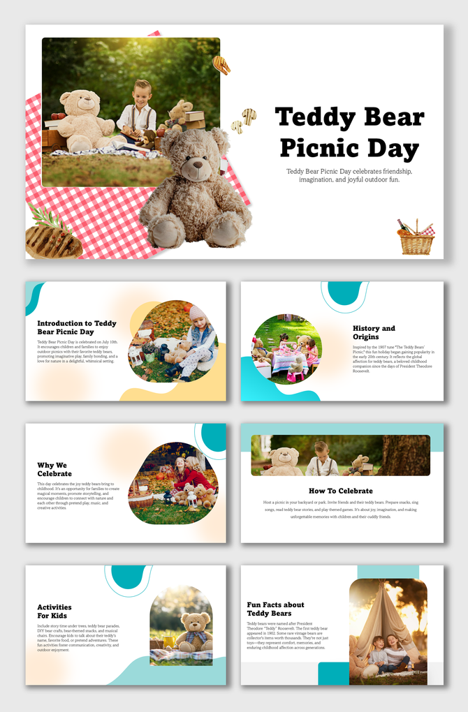 Teddy Bear Picnic Day slides with kids, teddy bears, picnic scenes, pastel waves, and circular photo frames.