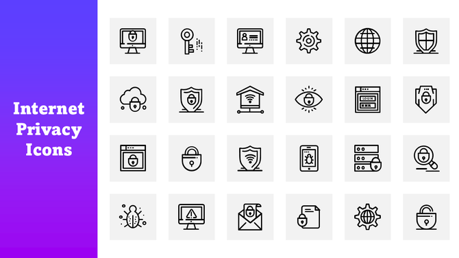 Internet Privacy Icons: locks, shields, bugs on white tiles, purple gradient side panel with white text.