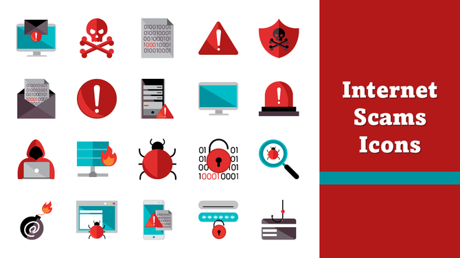 Internet Scams Icons slide with bugs, phishing, alerts, and hackers in red, teal, and black colors.       