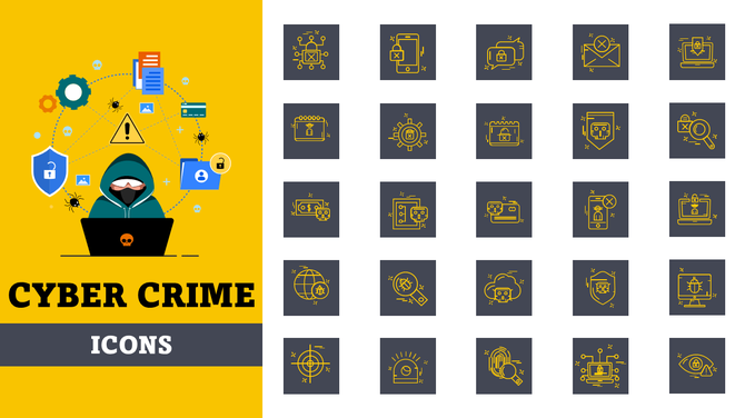 Cyber Crime Icons with hacker, shield, bugs on yellow; gray icon boxes, bold white text, modern design.