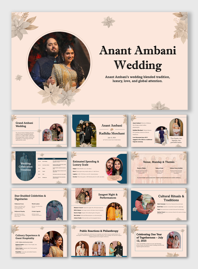 Anant Ambani Wedding slides with floral theme, luxury events, rituals, celebrity guests, and couple photos.