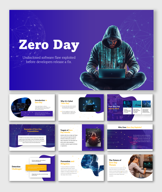 Zero Day PPT with hacker visuals, purple-blue theme, text holders, and shapes explaining cyber threats.