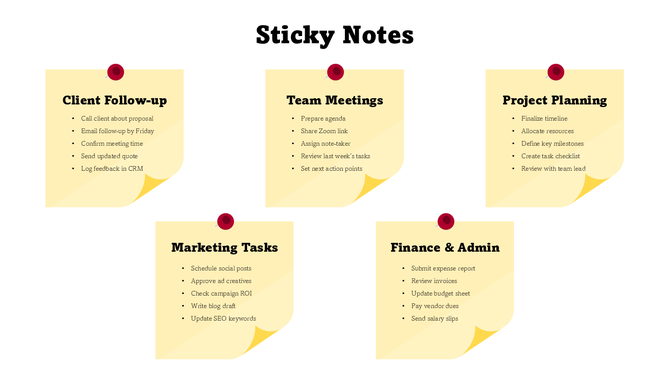 Free Sticky Notes template showing yellow paper notes with red pushpins and bold black headers.