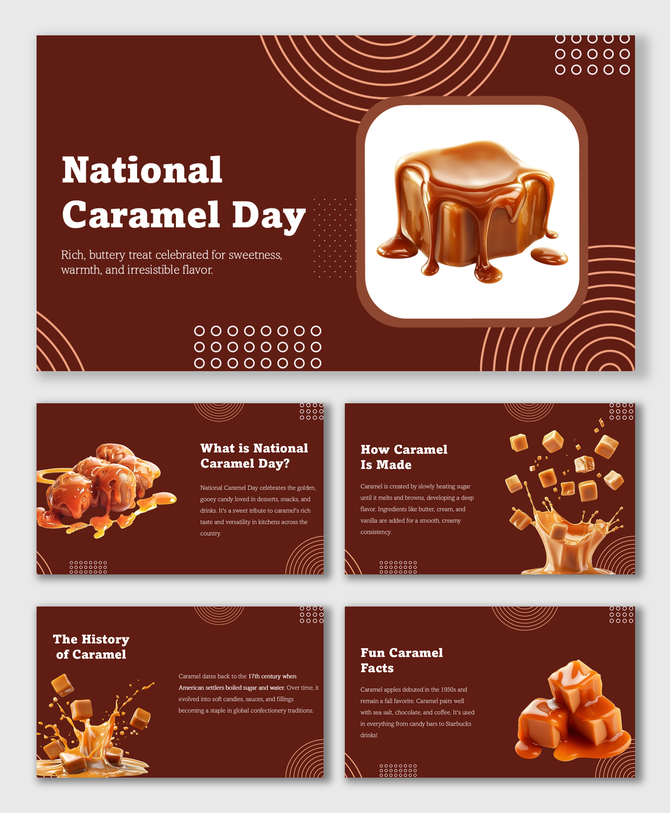 National Caramel Day slides with caramel sweets, brown theme, text holders, circles, and dotted shapes.