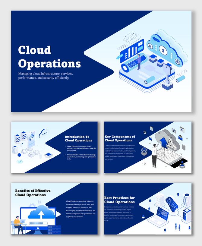 Cloud Operations slides with cloud icons, servers, blue theme, text holders, arrows, and isometric graphics.