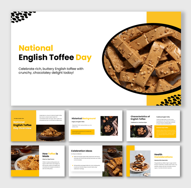 National English Toffee Day slides with yellow-white theme, black accents, text holders, and food images.