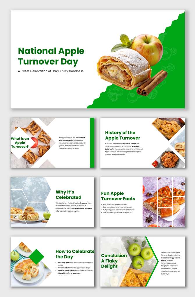 National Apple Turnover Day slides with green-white theme, pastry images, text boxes, and geometric shapes.