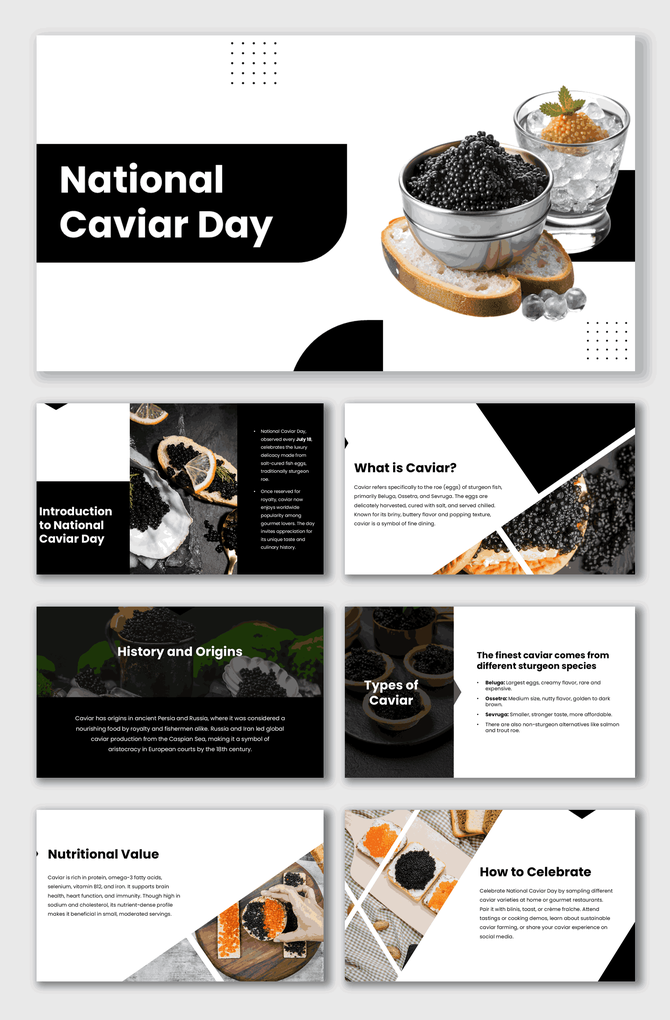 National Caviar Day slides with caviar bowls, bread, drinks, black-white theme, text holders, shapes.